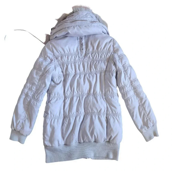 Naf Naf Silver Snap Front Zip Jacket Real Fur Detachable Packable Hood Small - Picture 2 of 12